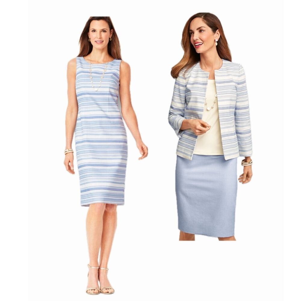 Talbots Stripe Biscay Dress Suit Open Front Jacket 6P Sheath Dress 8P Business